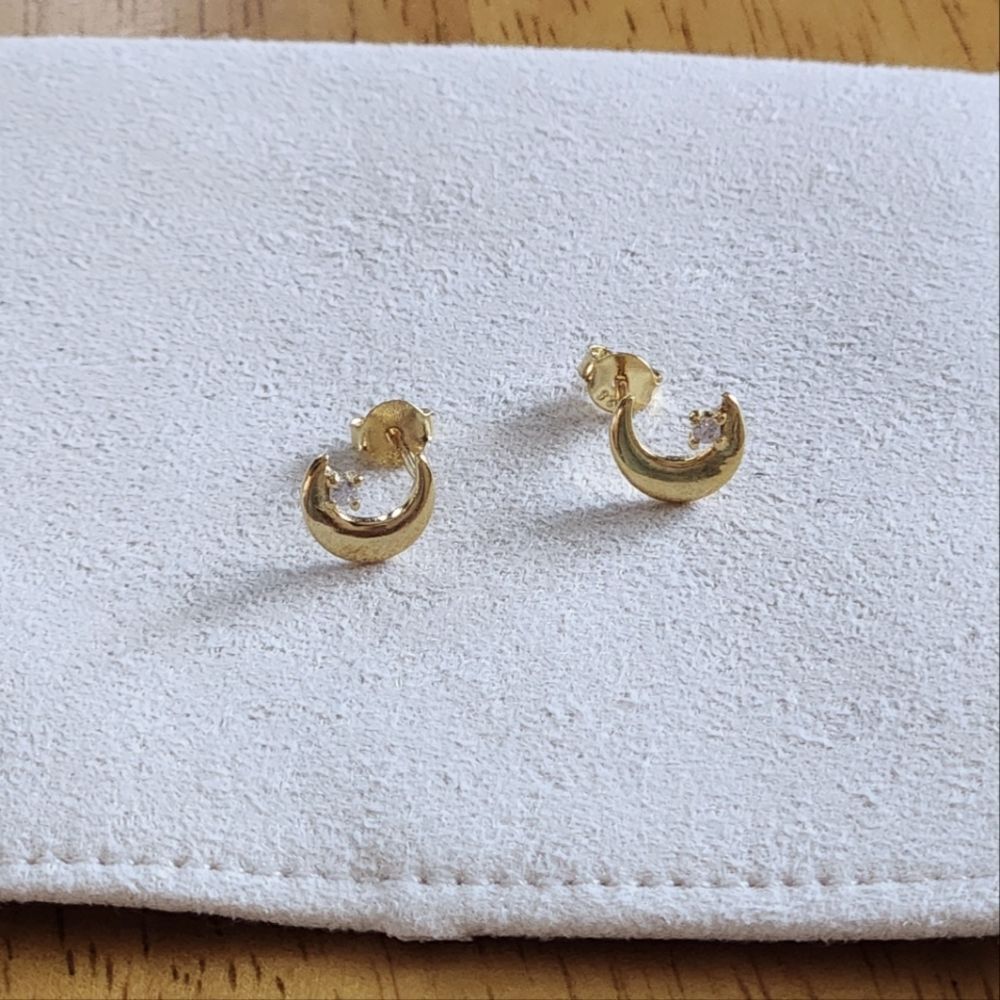 Tiny Crescent Moon Earrings With CZ 925 Silver